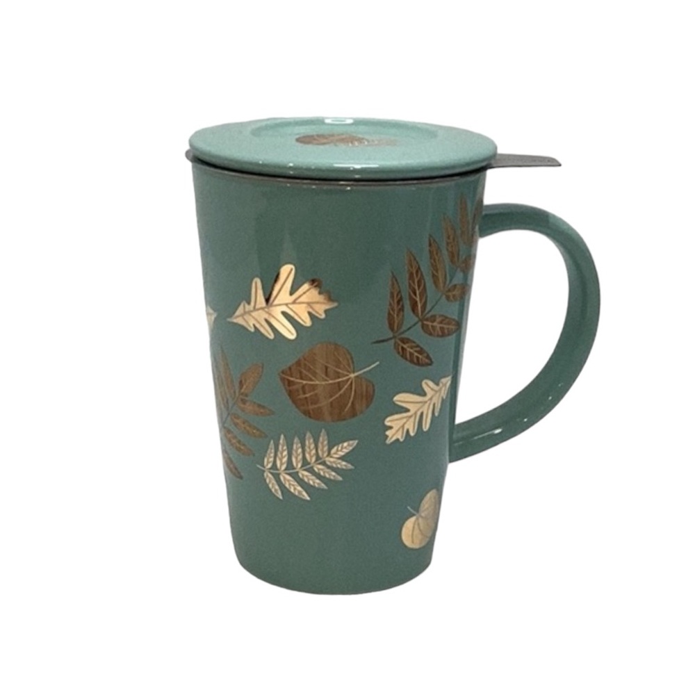 🌺 David’s Tea Mug with Lid and Strainer Insert - Leaf Pattern
